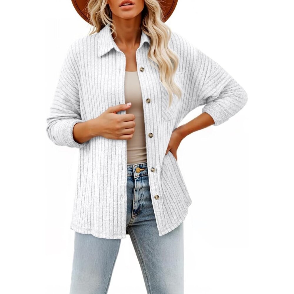 Women's Long Sleeve White Button Down Jacket Shirts Loose Sweater Blouses Tops
